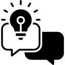 Icon für individuelle IT-Lösungen mit HCL Notes Domino: Person mit Glühbirne in Sprechblase als Symbol für Kommunikation und Ideenentwicklung