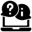 Icon mit Laptop und zwei Sprechblasen – eine mit Fragezeichen, eine mit Ausrufezeichen – Symbol für IT-Beratung und praxisnahe Lösungsfindung