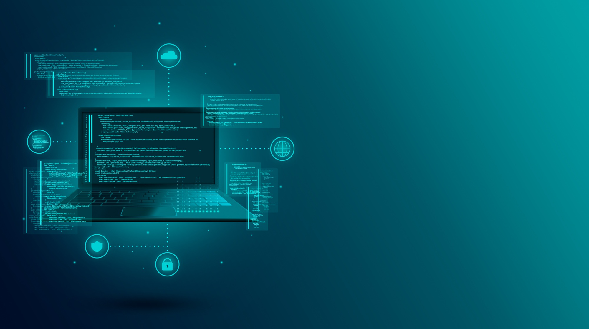 Digitale Darstellung eines Laptops mit Code und vernetzten Symbolen für Cloud, Sicherheit und Daten – Symbol für technischen Support und Groupware-Lösungen mit HCL Notes Domino